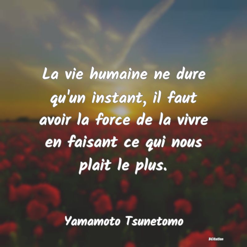 image de citation: La vie humaine ne dure qu'un instant, il faut avoir la force de la vivre en faisant ce qui nous plait le plus.