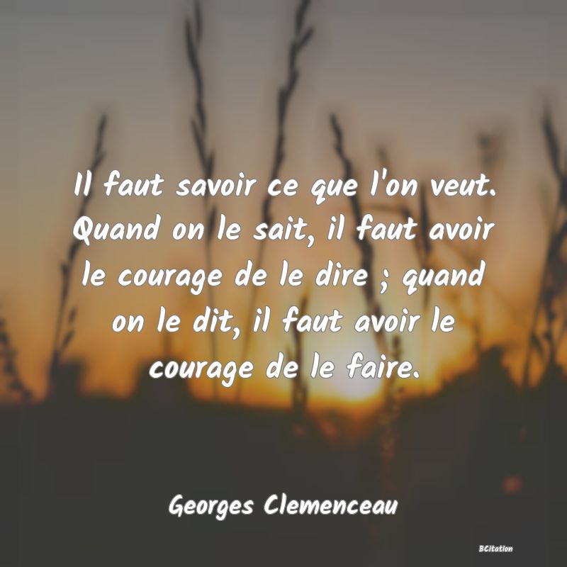 Belle Citation - Il faut savoir ce que l'on veut. Quand on le sait, il faut avoir le courage de le dire ; quand on le dit, il faut avoir le courage de le faire. - Georges Clemenceau