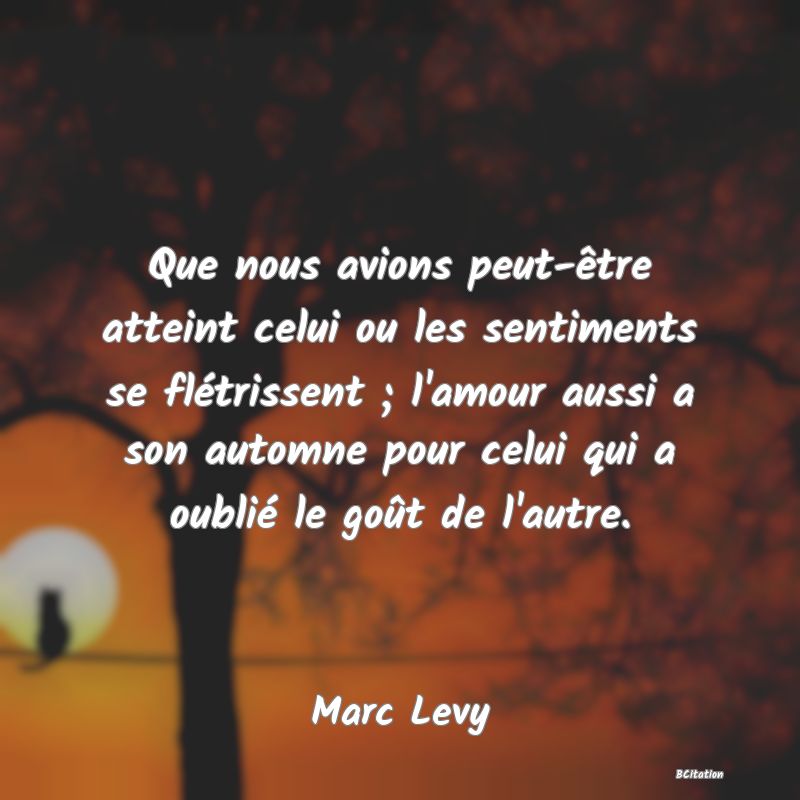 image de citation: Que nous avions peut-être atteint celui ou les sentiments se flétrissent ; l'amour aussi a son automne pour celui qui a oublié le goût de l'autre.