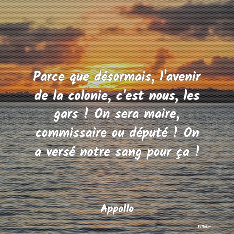 image de citation: Parce que désormais, l'avenir de la colonie, c'est nous, les gars ! On sera maire, commissaire ou député ! On a versé notre sang pour ça !