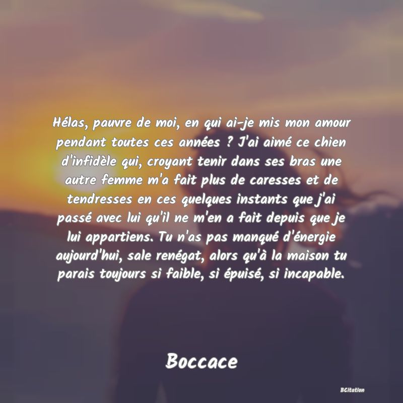 image de citation: Hélas, pauvre de moi, en qui ai-je mis mon amour pendant toutes ces années ? J'ai aimé ce chien d'infidèle qui, croyant tenir dans ses bras une autre femme m'a fait plus de caresses et de tendresses en ces quelques instants que j'ai passé avec lui qu'il ne m'en a fait depuis que je lui appartiens. Tu n'as pas manqué d'énergie aujourd'hui, sale renégat, alors qu'à la maison tu parais toujours si faible, si épuisé, si incapable.