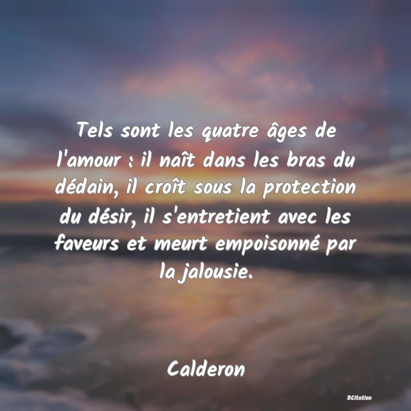 image de citation: Tels sont les quatre âges de l'amour : il naît dans les bras du dédain, il croît sous la protection du désir, il s'entretient avec les faveurs et meurt empoisonné par la jalousie.