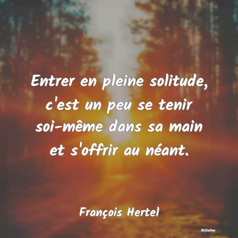 image de citation: Entrer en pleine solitude, c'est un peu se tenir soi-même dans sa main et s'offrir au néant.