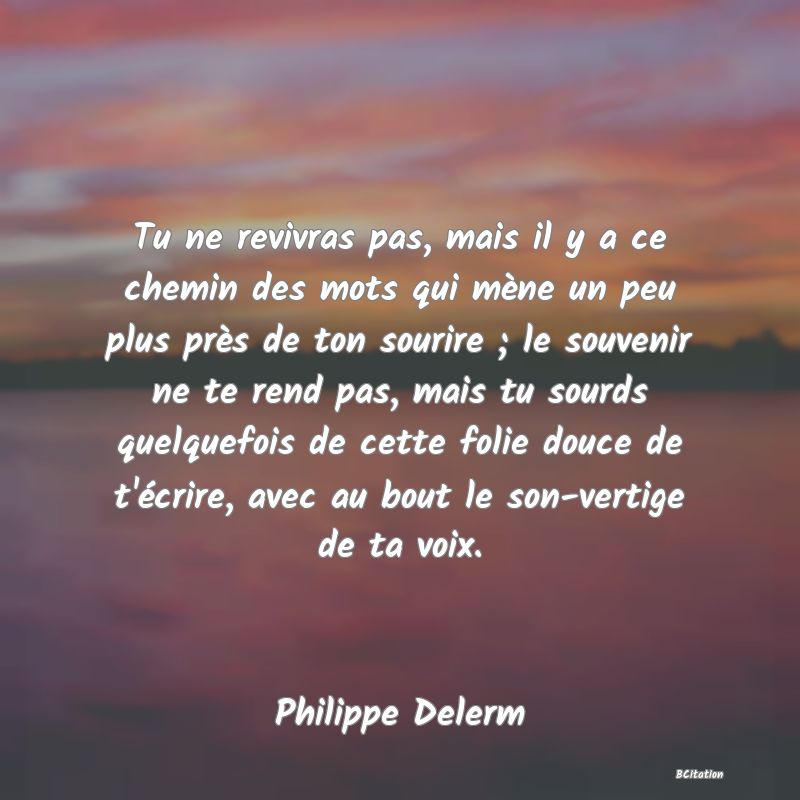 image de citation: Tu ne revivras pas, mais il y a ce chemin des mots qui mène un peu plus près de ton sourire ; le souvenir ne te rend pas, mais tu sourds quelquefois de cette folie douce de t'écrire, avec au bout le son-vertige de ta voix.