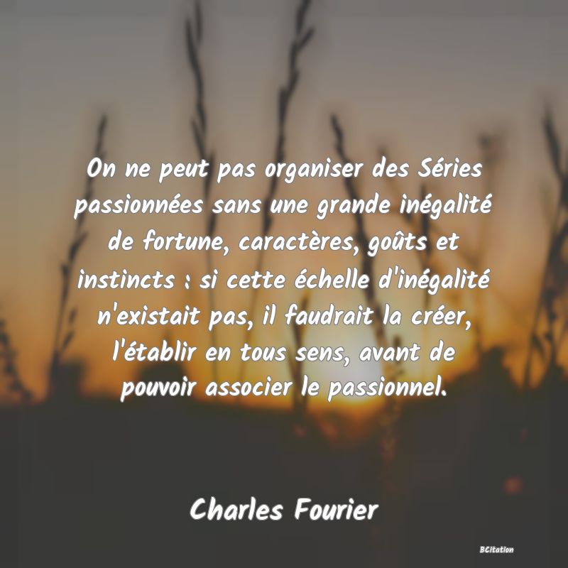 image de citation: On ne peut pas organiser des Séries passionnées sans une grande inégalité de fortune, caractères, goûts et instincts : si cette échelle d'inégalité n'existait pas, il faudrait la créer, l'établir en tous sens, avant de pouvoir associer le passionnel.