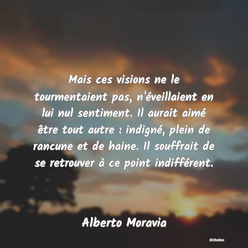 image de citation: Mais ces visions ne le tourmentaient pas, n'éveillaient en lui nul sentiment. Il aurait aimé être tout autre : indigné, plein de rancune et de haine. Il souffrait de se retrouver à ce point indifférent.