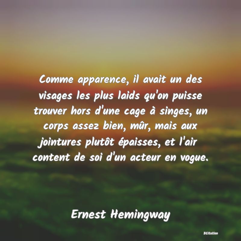 image de citation: Comme apparence, il avait un des visages les plus laids qu'on puisse trouver hors d'une cage à singes, un corps assez bien, mûr, mais aux jointures plutôt épaisses, et l'air content de soi d'un acteur en vogue.