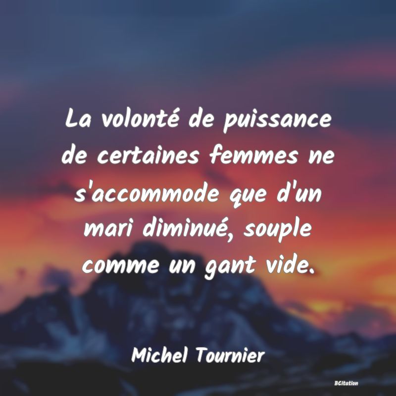 image de citation: La volonté de puissance de certaines femmes ne s'accommode que d'un mari diminué, souple comme un gant vide.