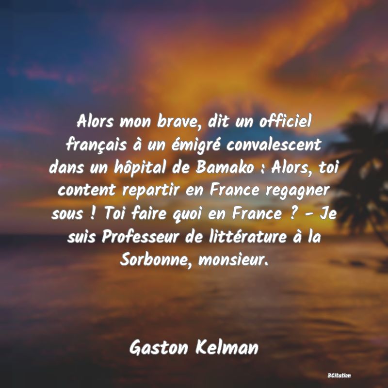 image de citation: Alors mon brave, dit un officiel français à un émigré convalescent dans un hôpital de Bamako : Alors, toi content repartir en France regagner sous ! Toi faire quoi en France ? - Je suis Professeur de littérature à la Sorbonne, monsieur.