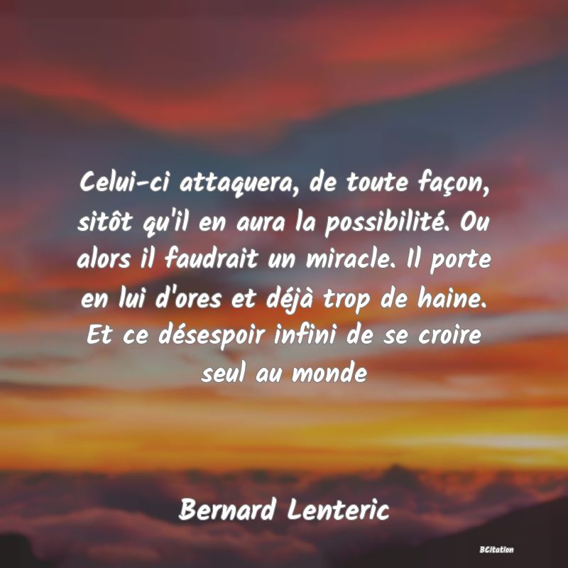 image de citation: Celui-ci attaquera, de toute façon, sitôt qu'il en aura la possibilité. Ou alors il faudrait un miracle. Il porte en lui d'ores et déjà trop de haine. Et ce désespoir infini de se croire seul au monde