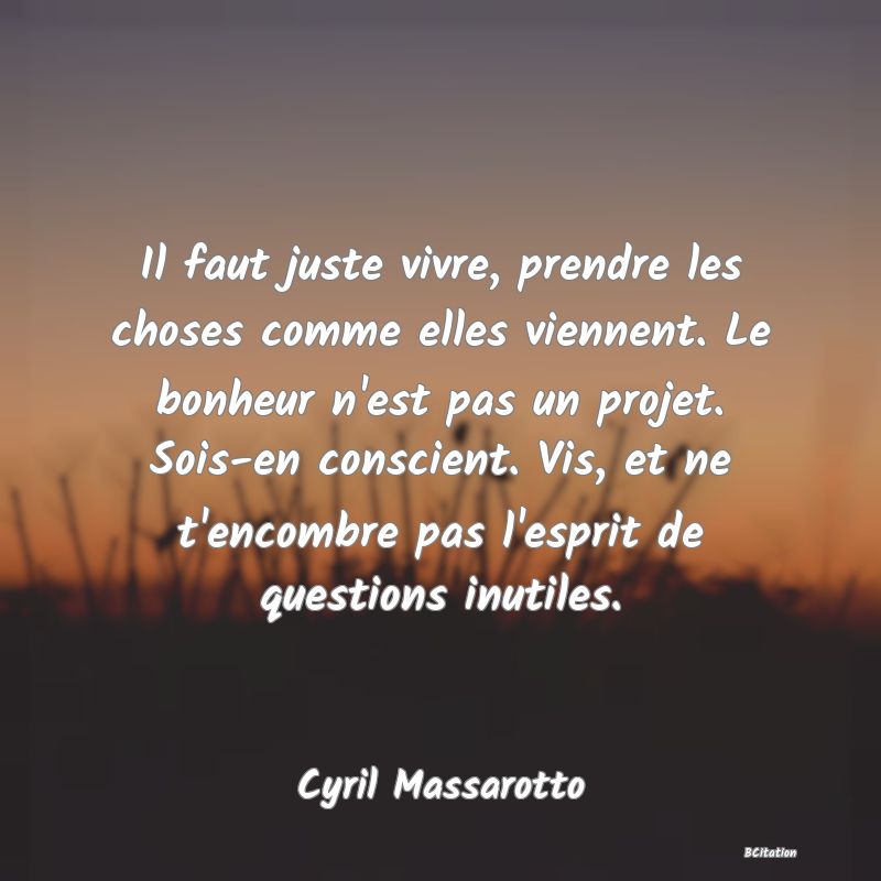 image de citation: Il faut juste vivre, prendre les choses comme elles viennent. Le bonheur n'est pas un projet. Sois-en conscient. Vis, et ne t'encombre pas l'esprit de questions inutiles.