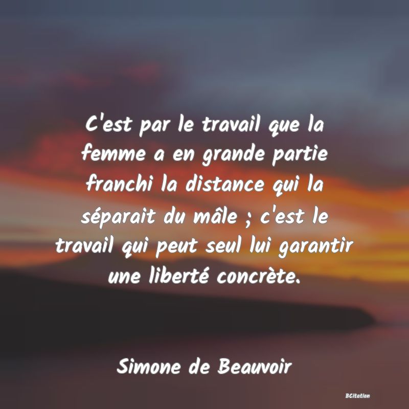 image de citation: C'est par le travail que la femme a en grande partie franchi la distance qui la séparait du mâle ; c'est le travail qui peut seul lui garantir une liberté concrète.