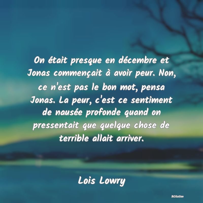 image de citation: On était presque en décembre et Jonas commençait à avoir peur. Non, ce n'est pas le bon mot, pensa Jonas. La peur, c'est ce sentiment de nausée profonde quand on pressentait que quelque chose de terrible allait arriver.