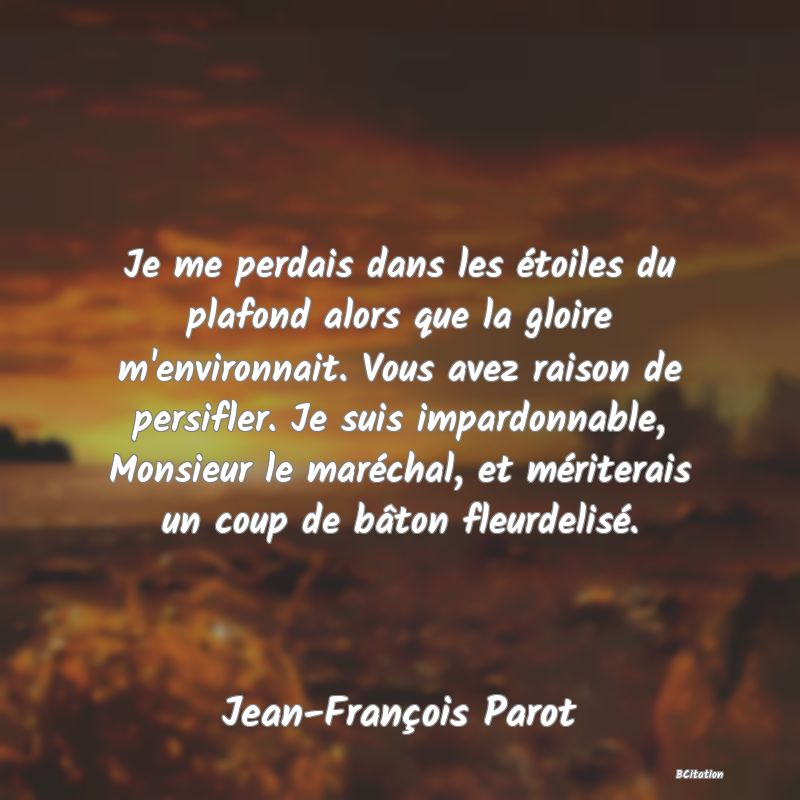 image de citation: Je me perdais dans les étoiles du plafond alors que la gloire m'environnait. Vous avez raison de persifler. Je suis impardonnable, Monsieur le maréchal, et mériterais un coup de bâton fleurdelisé.