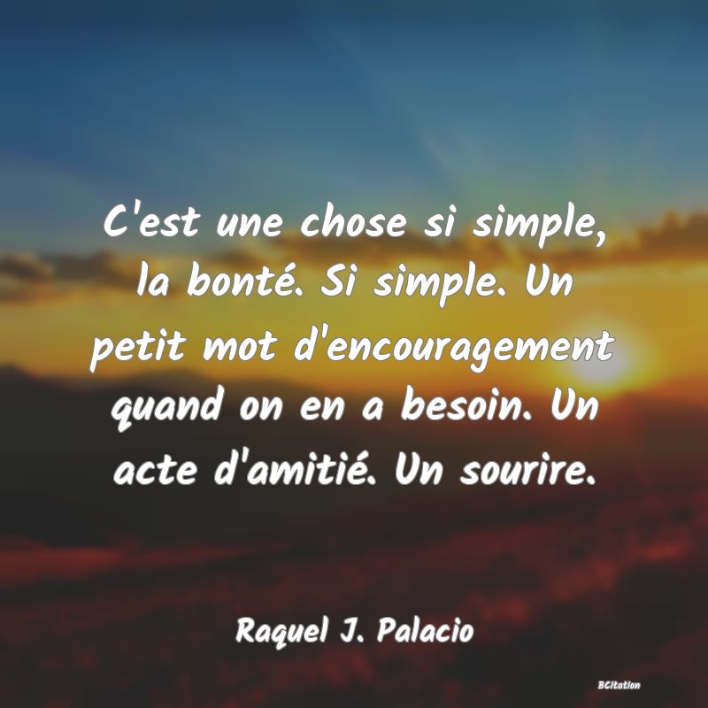 image de citation: C'est une chose si simple, la bonté. Si simple. Un petit mot d'encouragement quand on en a besoin. Un acte d'amitié. Un sourire.