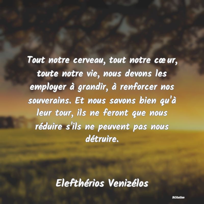 image de citation: Tout notre cerveau, tout notre cœur, toute notre vie, nous devons les employer à grandir, à renforcer nos souverains. Et nous savons bien qu'à leur tour, ils ne feront que nous réduire s'ils ne peuvent pas nous détruire.