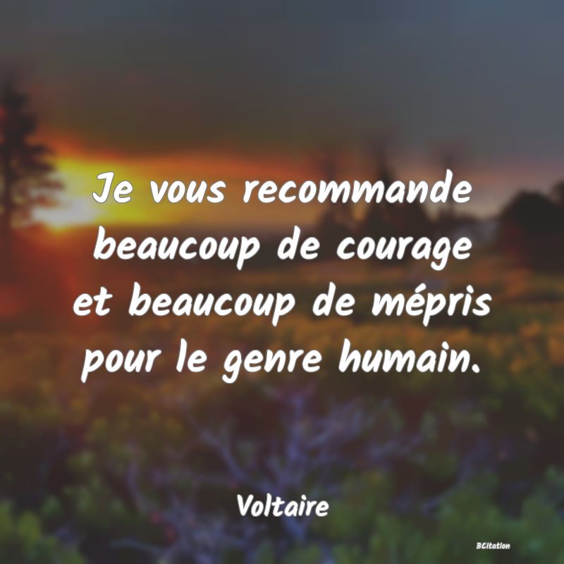 image de citation: Je vous recommande beaucoup de courage et beaucoup de mépris pour le genre humain.