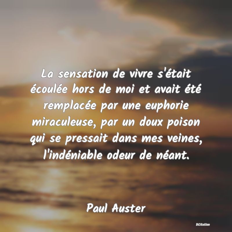 image de citation: La sensation de vivre s'était écoulée hors de moi et avait été remplacée par une euphorie miraculeuse, par un doux poison qui se pressait dans mes veines, l'indéniable odeur de néant.