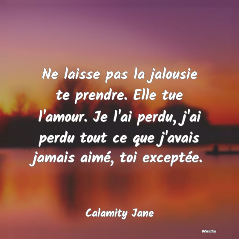 image de citation: Ne laisse pas la jalousie te prendre. Elle tue l'amour. Je l'ai perdu, j'ai perdu tout ce que j'avais jamais aimé, toi exceptée.