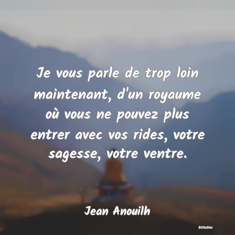 image de citation: Je vous parle de trop loin maintenant, d'un royaume où vous ne pouvez plus entrer avec vos rides, votre sagesse, votre ventre.