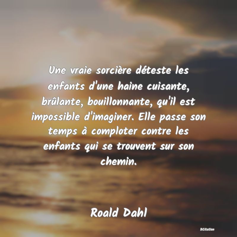 image de citation: Une vraie sorcière déteste les enfants d'une haine cuisante, brûlante, bouillonnante, qu'il est impossible d'imaginer. Elle passe son temps à comploter contre les enfants qui se trouvent sur son chemin.