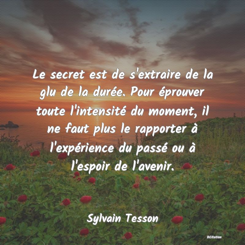 image de citation: Le secret est de s'extraire de la glu de la durée. Pour éprouver toute l'intensité du moment, il ne faut plus le rapporter à l'expérience du passé ou à l'espoir de l'avenir.