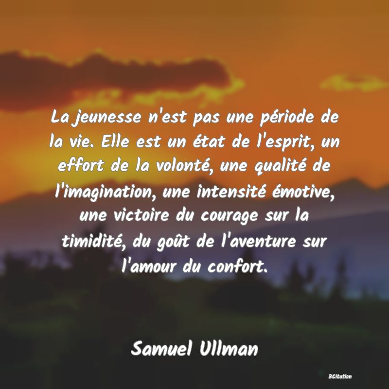 image de citation: La jeunesse n'est pas une période de la vie. Elle est un état de l'esprit, un effort de la volonté, une qualité de l'imagination, une intensité émotive, une victoire du courage sur la timidité, du goût de l'aventure sur l'amour du confort.