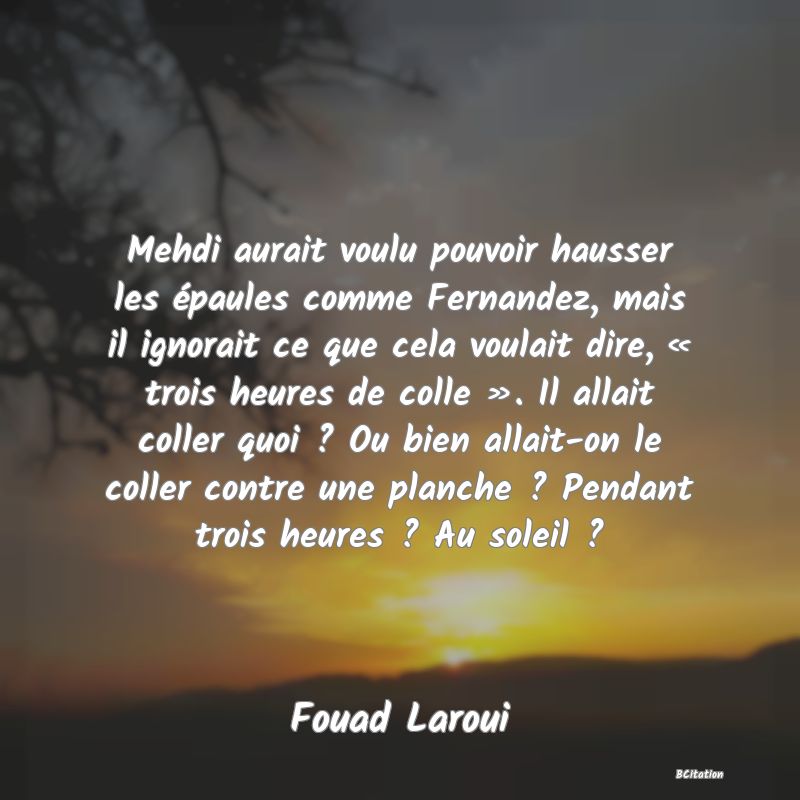 image de citation: Mehdi aurait voulu pouvoir hausser les épaules comme Fernandez, mais il ignorait ce que cela voulait dire, « trois heures de colle ». Il allait coller quoi ? Ou bien allait-on le coller contre une planche ? Pendant trois heures ? Au soleil ?