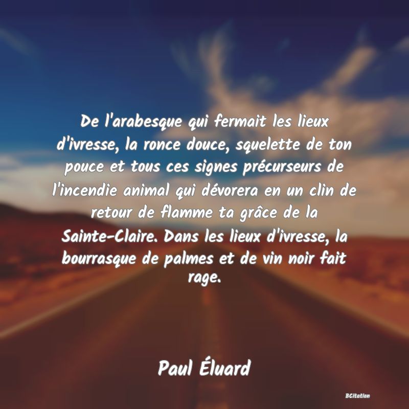 image de citation: De l'arabesque qui fermait les lieux d'ivresse, la ronce douce, squelette de ton pouce et tous ces signes précurseurs de l'incendie animal qui dévorera en un clin de retour de flamme ta grâce de la Sainte-Claire. Dans les lieux d'ivresse, la bourrasque de palmes et de vin noir fait rage.