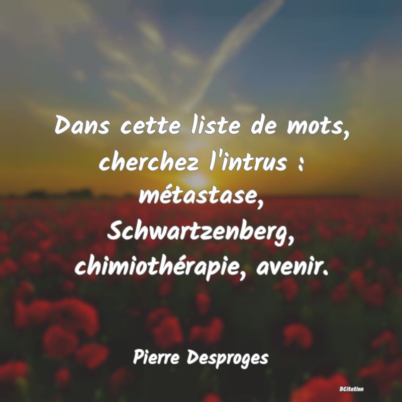 image de citation: Dans cette liste de mots, cherchez l'intrus : métastase, Schwartzenberg, chimiothérapie, avenir.