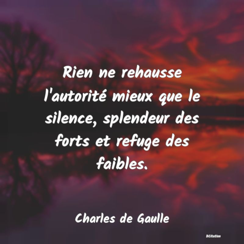 image de citation: Rien ne rehausse l'autorité mieux que le silence, splendeur des forts et refuge des faibles.