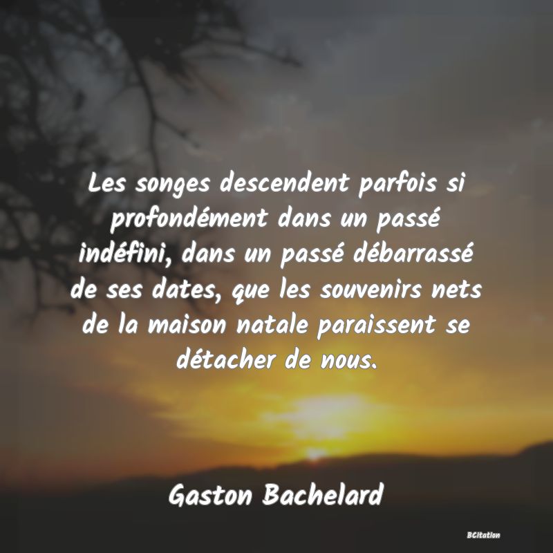 image de citation: Les songes descendent parfois si profondément dans un passé indéfini, dans un passé débarrassé de ses dates, que les souvenirs nets de la maison natale paraissent se détacher de nous.