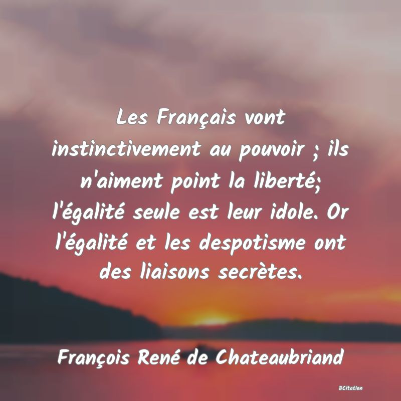 image de citation: Les Français vont instinctivement au pouvoir ; ils n'aiment point la liberté; l'égalité seule est leur idole. Or l'égalité et les despotisme ont des liaisons secrètes.