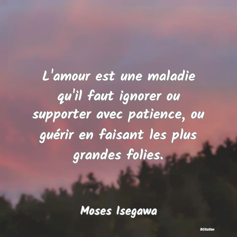 image de citation: L'amour est une maladie qu'il faut ignorer ou supporter avec patience, ou guérir en faisant les plus grandes folies.