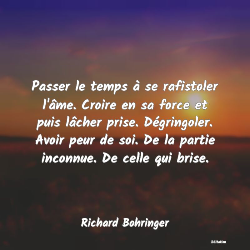 image de citation: Passer le temps à se rafistoler l'âme. Croire en sa force et puis lâcher prise. Dégringoler. Avoir peur de soi. De la partie inconnue. De celle qui brise.