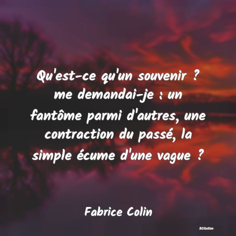 image de citation: Qu'est-ce qu'un souvenir ? me demandai-je : un fantôme parmi d'autres, une contraction du passé, la simple écume d'une vague ?