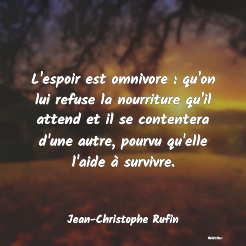 image de citation: L'espoir est omnivore : qu'on lui refuse la nourriture qu'il attend et il se contentera d'une autre, pourvu qu'elle l'aide à survivre.