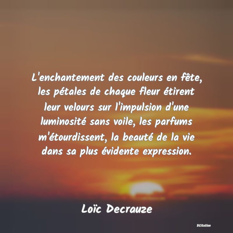 Belle Citation - L'enchantement des couleurs en fête, les pétales de chaque fleur étirent leur velours sur l'impulsion d'une luminosité sans voile, les parfums m'étourdissent, la beauté de la vie dans sa plus évidente expression. - Loïc Decrauze