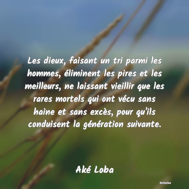 image de citation: Les dieux, faisant un tri parmi les hommes, éliminent les pires et les meilleurs, ne laissant vieillir que les rares mortels qui ont vécu sans haine et sans excès, pour qu'ils conduisent la génération suivante.