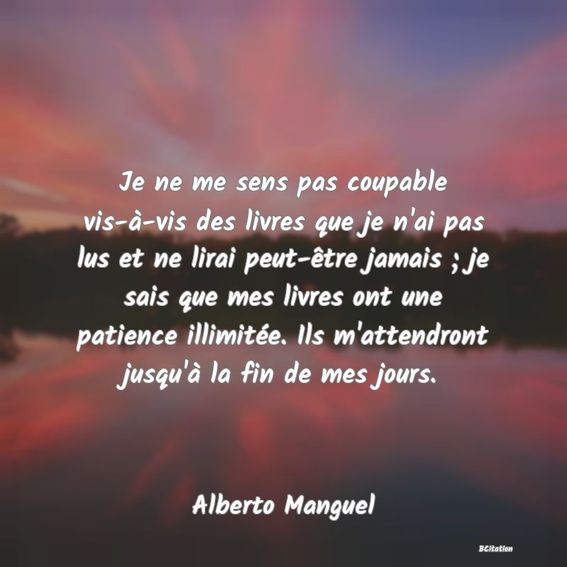 Belle Citation - Je ne me sens pas coupable vis-à-vis des livres que je n'ai pas lus et ne lirai peut-être jamais ; je sais que mes livres ont une patience illimitée. Ils m'attendront jusqu'à la fin de mes jours. - Alberto Manguel