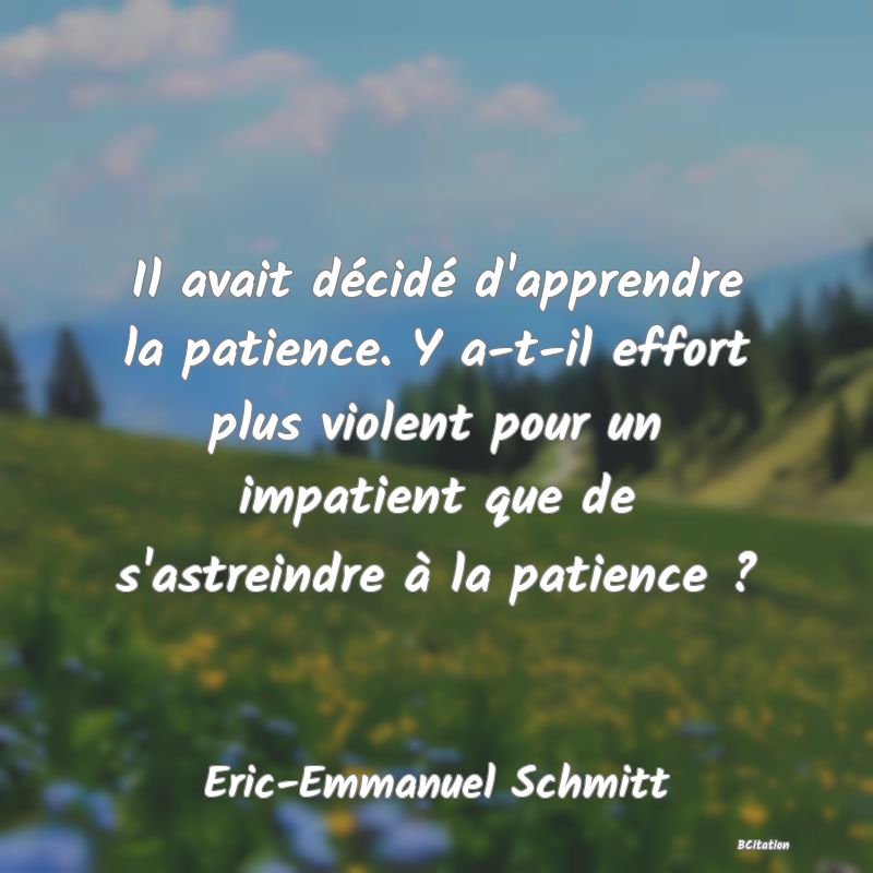 image de citation: Il avait décidé d'apprendre la patience. Y a-t-il effort plus violent pour un impatient que de s'astreindre à la patience ?