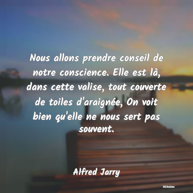 Belle Citation - Nous allons prendre conseil de notre conscience. Elle est là, dans cette valise, tout couverte de toiles d'araignée, On voit bien qu'elle ne nous sert pas souvent. - Alfred Jarry