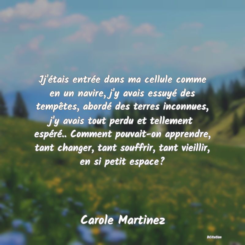 image de citation: Jj'étais entrée dans ma cellule comme en un navire, j'y avais essuyé des tempêtes, abordé des terres inconnues, j'y avais tout perdu et tellement espéré.. Comment pouvait-on apprendre, tant changer, tant souffrir, tant vieillir, en si petit espace?