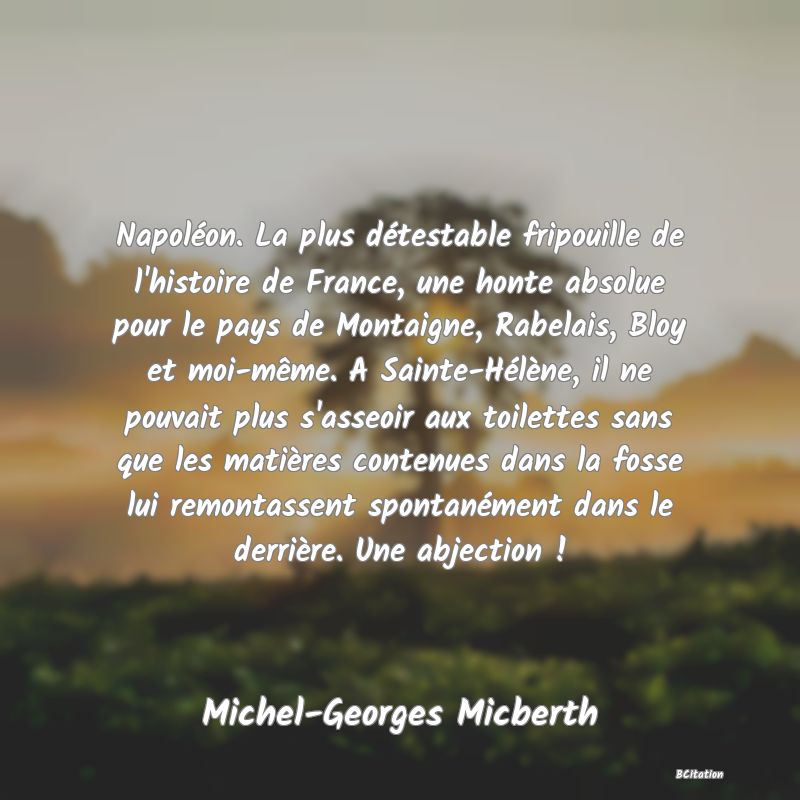 image de citation: Napoléon. La plus détestable fripouille de l'histoire de France, une honte absolue pour le pays de Montaigne, Rabelais, Bloy et moi-même. A Sainte-Hélène, il ne pouvait plus s'asseoir aux toilettes sans que les matières contenues dans la fosse lui remontassent spontanément dans le derrière. Une abjection !