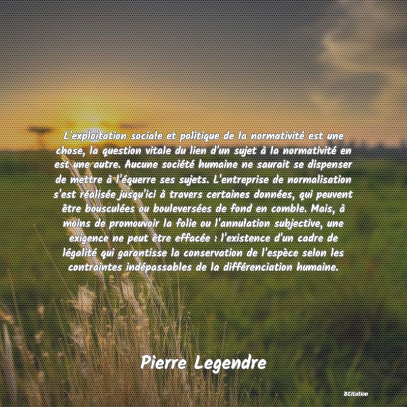 image de citation: L'exploitation sociale et politique de la normativité est une chose, la question vitale du lien d'un sujet à la normativité en est une autre. Aucune société humaine ne saurait se dispenser de mettre à l'équerre ses sujets. L'entreprise de normalisation s'est réalisée jusqu'ici à travers certaines données, qui peuvent être bousculées ou bouleversées de fond en comble. Mais, à moins de promouvoir la folie ou l'annulation subjective, une exigence ne peut être effacée : l'existence d'un cadre de légalité qui garantisse la conservation de l'espèce selon les contraintes indépassables de la différenciation humaine.