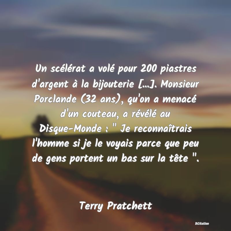 image de citation: Un scélérat a volé pour 200 piastres d'argent à la bijouterie [...]. Monsieur Porclande (32 ans), qu'on a menacé d'un couteau, a révélé au Disque-Monde :   Je reconnaîtrais l'homme si je le voyais parce que peu de gens portent un bas sur la tête  .