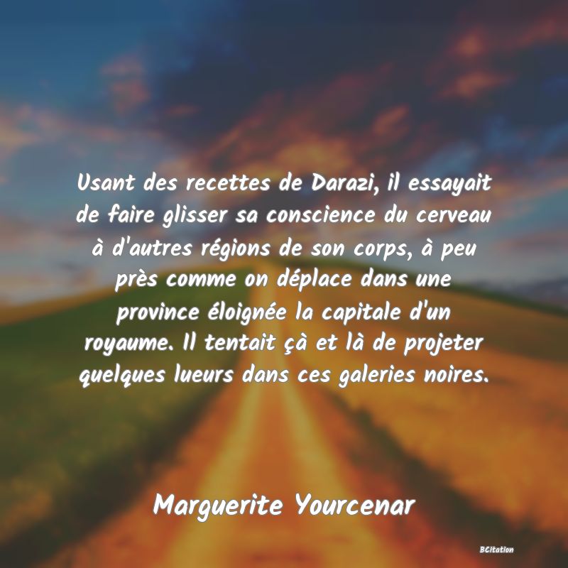 image de citation: Usant des recettes de Darazi, il essayait de faire glisser sa conscience du cerveau à d'autres régions de son corps, à peu près comme on déplace dans une province éloignée la capitale d'un royaume. Il tentait çà et là de projeter quelques lueurs dans ces galeries noires.