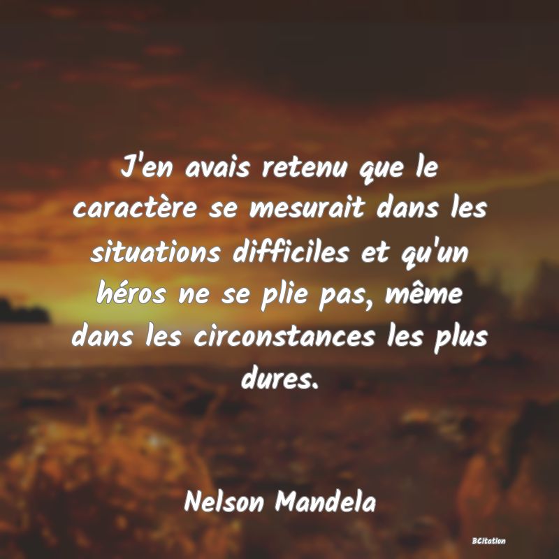 image de citation: J'en avais retenu que le caractère se mesurait dans les situations difficiles et qu'un héros ne se plie pas, même dans les circonstances les plus dures.