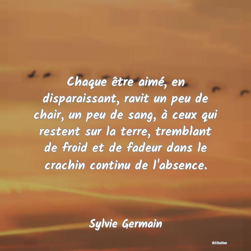 image de citation: Chaque être aimé, en disparaissant, ravit un peu de chair, un peu de sang, à ceux qui restent sur la terre, tremblant de froid et de fadeur dans le crachin continu de l'absence.