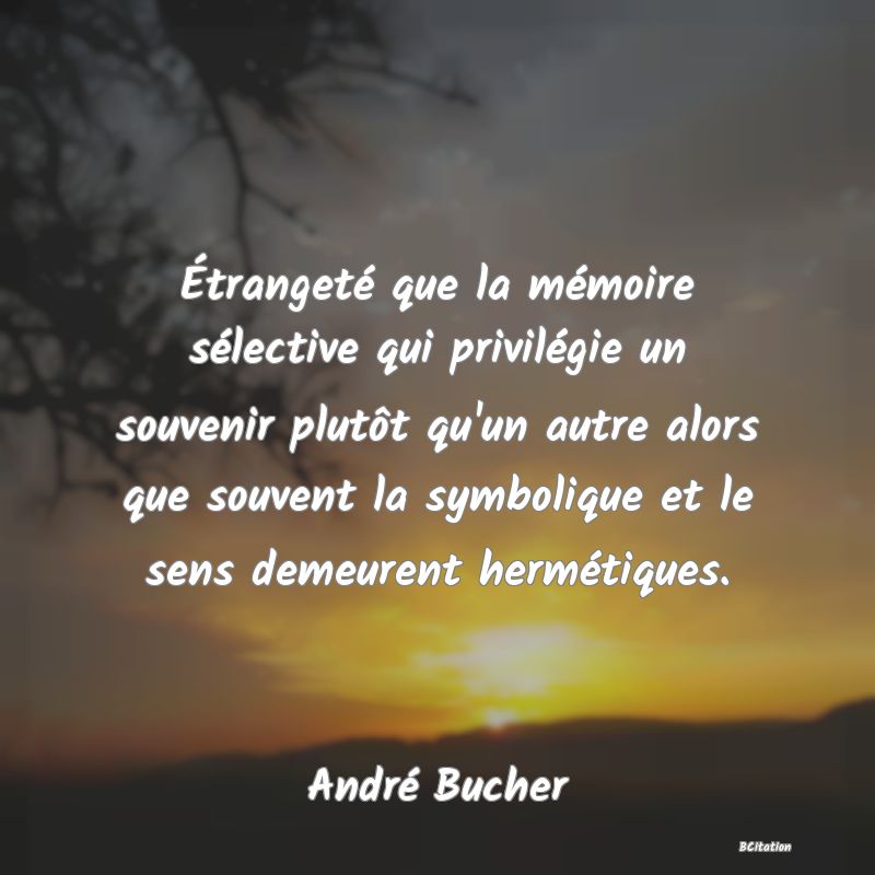 image de citation: Étrangeté que la mémoire sélective qui privilégie un souvenir plutôt qu'un autre alors que souvent la symbolique et le sens demeurent hermétiques.